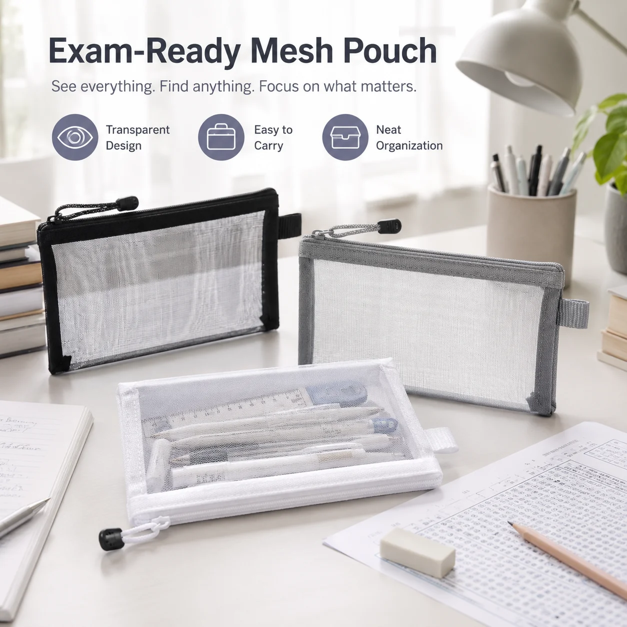 Clear Mesh Pencil Pouch For Exam - Estojo Transparente de Malha para Canetas,